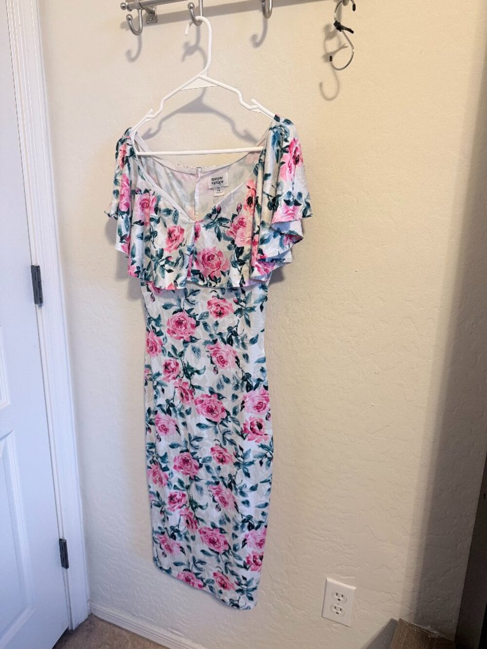 Unique Vintage Cream & Light Pink Floral Knit Draped Sophia Wiggle Dress